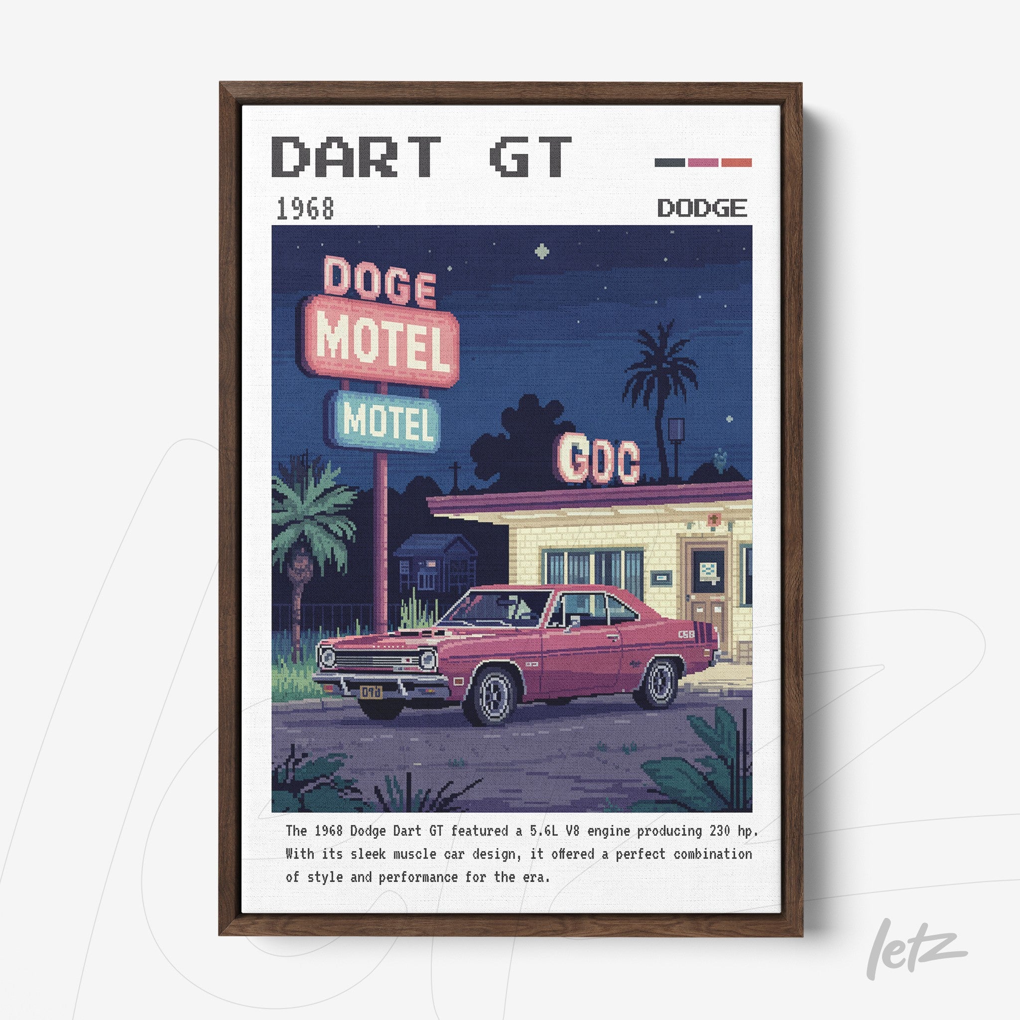 framed retro digital art of a Dodge Dart GT parked in front of a vintage motel with colorful signage