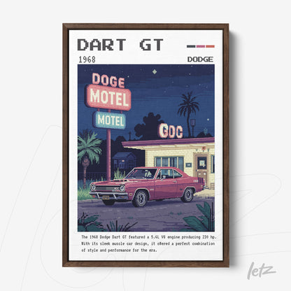 framed retro digital art of a Dodge Dart GT parked in front of a vintage motel with colorful signage