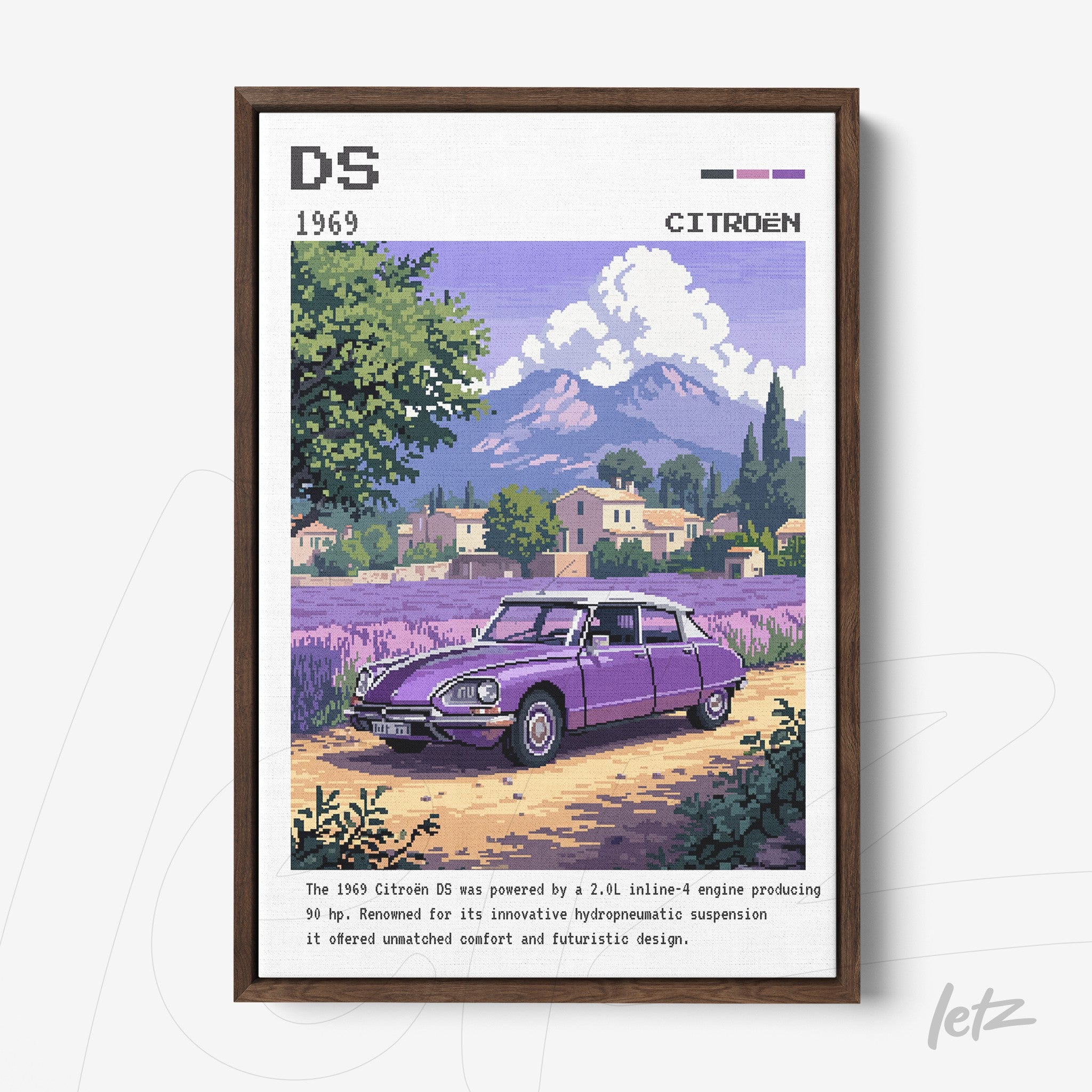 framed digital art of a 1969 Citroën DS in a rural landscape with mountains in the background and dark brown frame