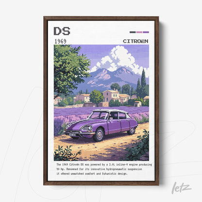 framed digital art of a 1969 Citroën DS in a rural landscape with mountains in the background and dark brown frame