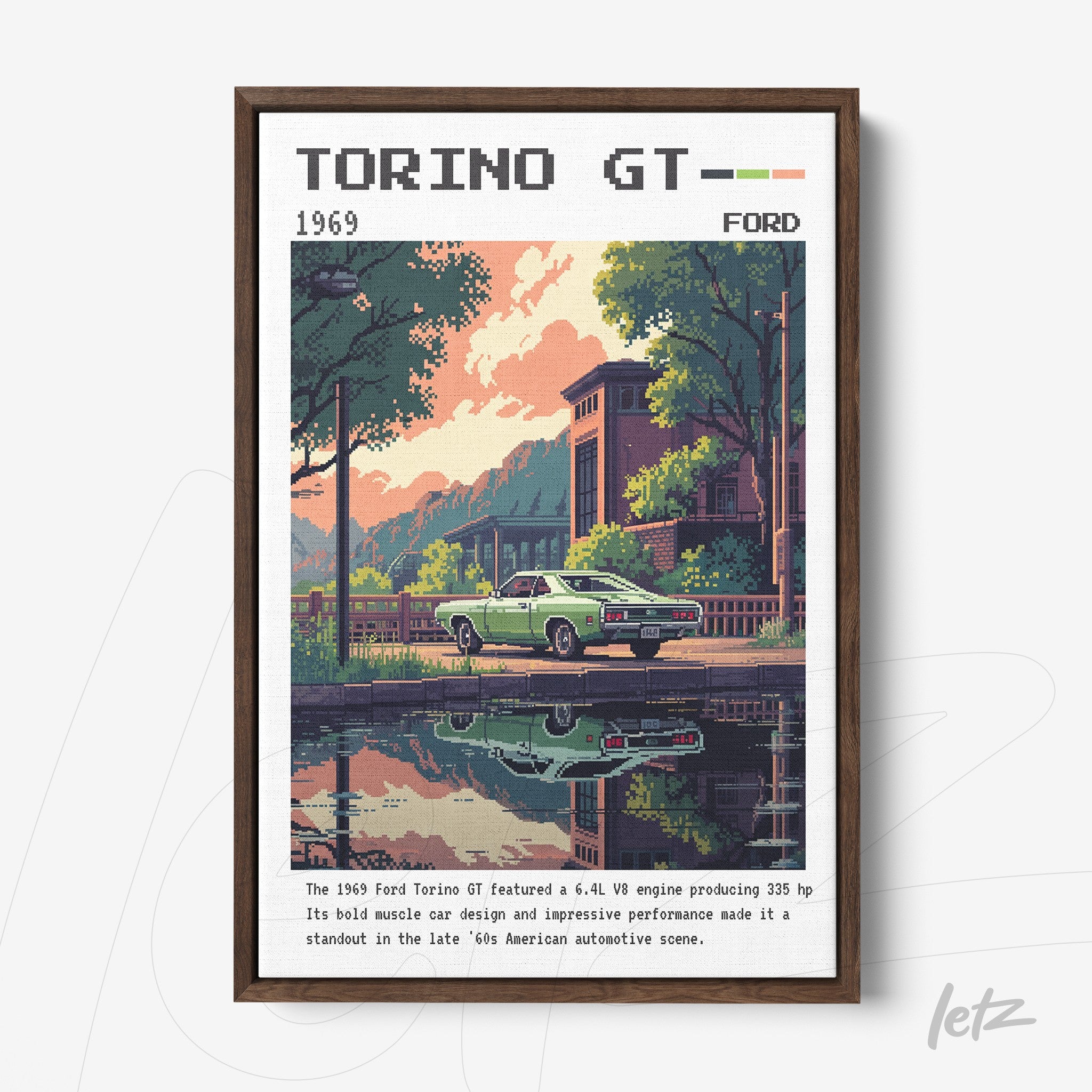 framed artwork featuring retro illustration of 1969 Ford Torino GT car in a natural setting