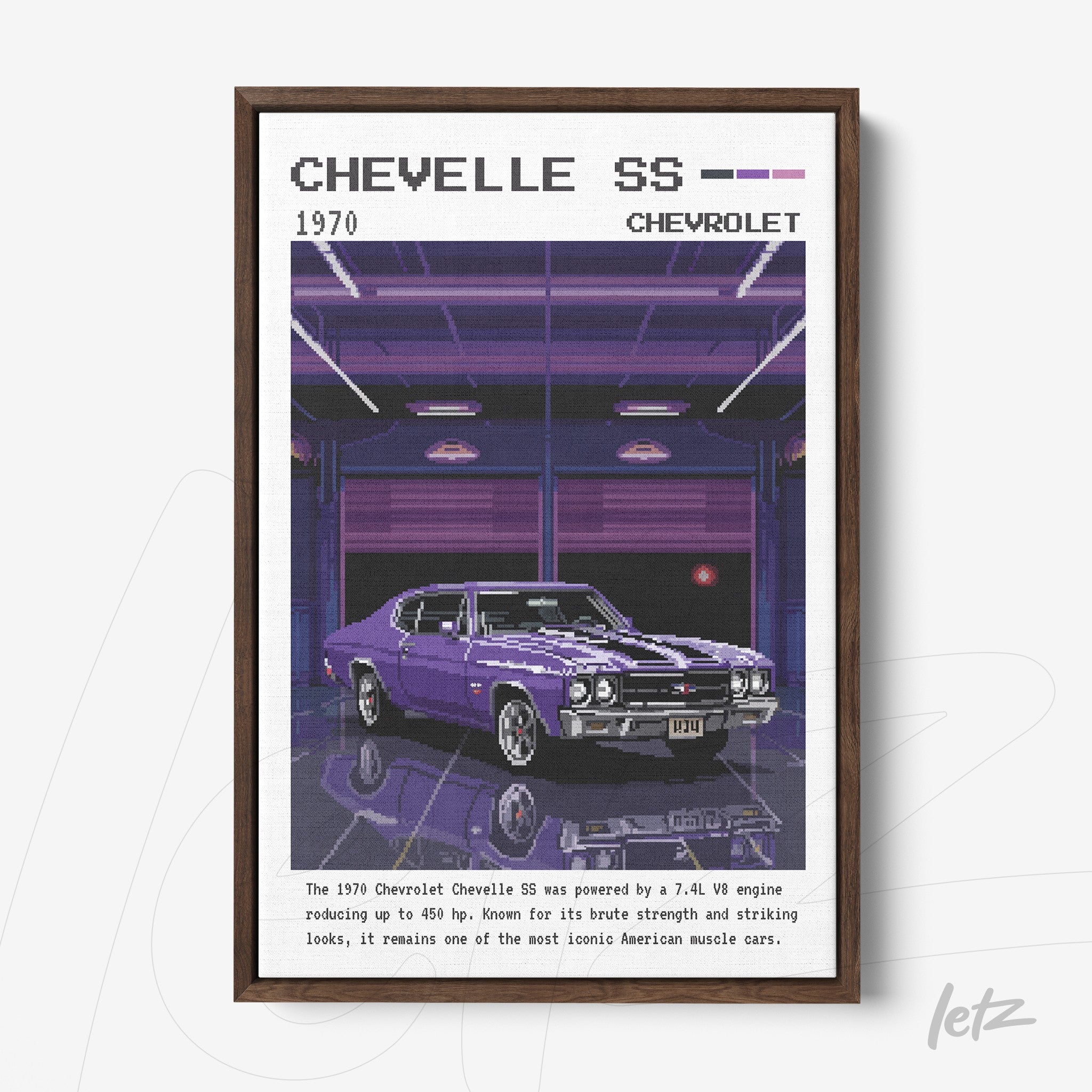 framed digital art of a 1970 Chevelle SS car in a neon-lit garage with a dark frame