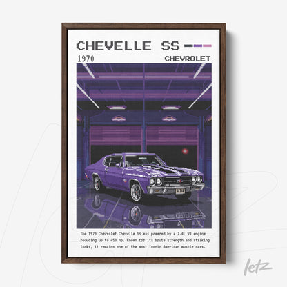 framed digital art of a 1970 Chevelle SS car in a neon-lit garage with a dark frame