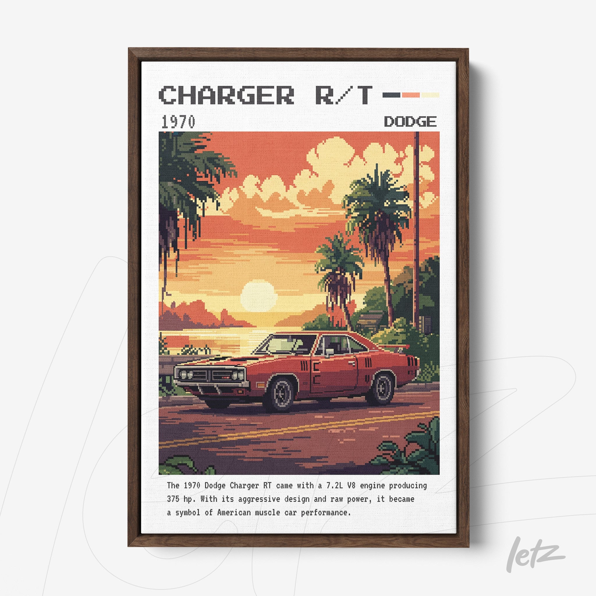 framed vintage art of 1970 Dodge Charger R/T with dark wood frame and tropical background