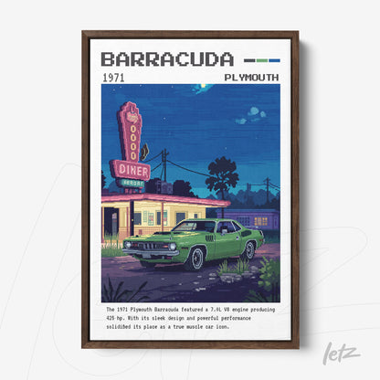 pixel art framed print of a 1971 Plymouth Barracuda in front of a diner