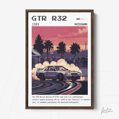 pixel art framed print of a Nissan Skyline GT-R R32 drifting with a city background, dark wooden frame