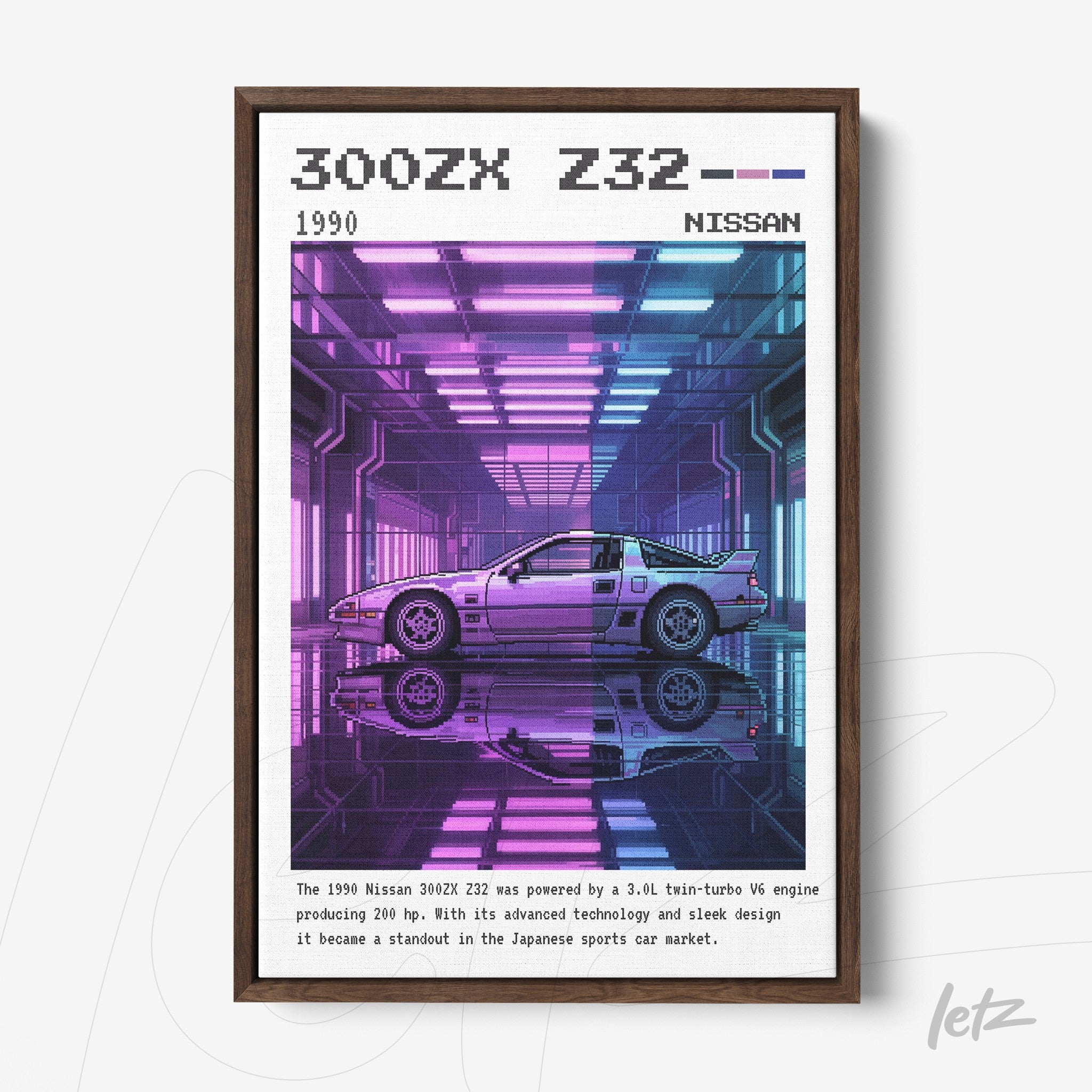 digital artwork of a Nissan 300ZX Z32 sports car in a futuristic setting with neon lighting