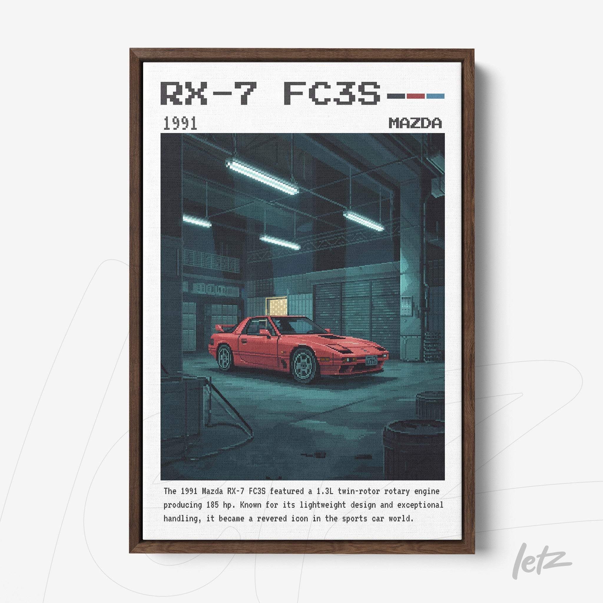 framed retro illustration of Mazda RX-7 FC3S car with dark wood frame