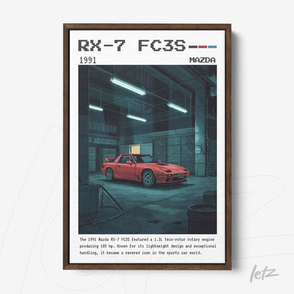 framed retro illustration of Mazda RX-7 FC3S car with dark wood frame