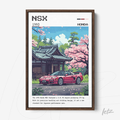 pixel art framed print of a red Honda NSX in front of a Japanese temple with cherry blossoms, featuring a brown frame
