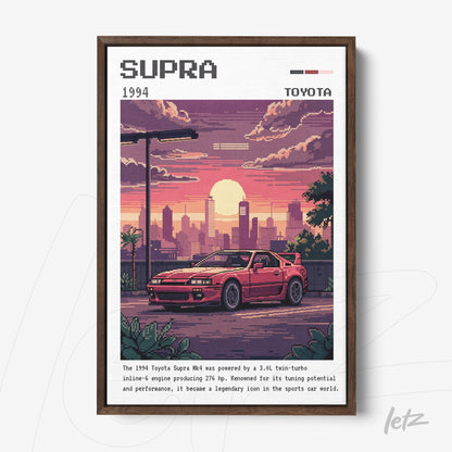pixel art print of a 1994 Toyota Supra framed in dark wood, featuring a sunset and urban landscape background