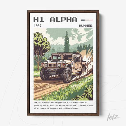 retro style framed art of 1997 Hummer H1 on a wooded trail with brown frame