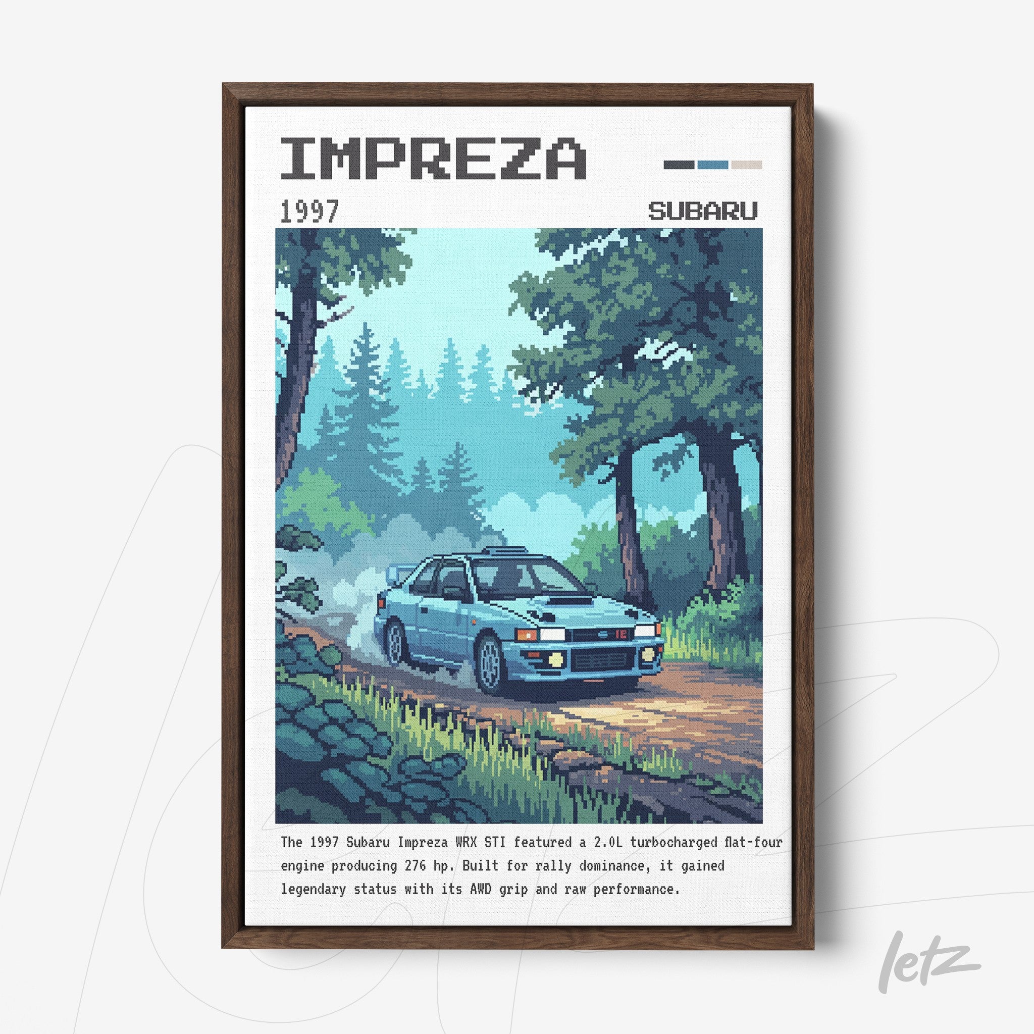 pixel art of a 1997 Subaru Impreza car driving through a wooded area