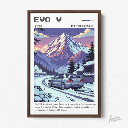 framed digital art of Mitsubishi Lancer Evolution V in a snowy mountain landscape showcasing a sporty car in motion with mountains in the background
