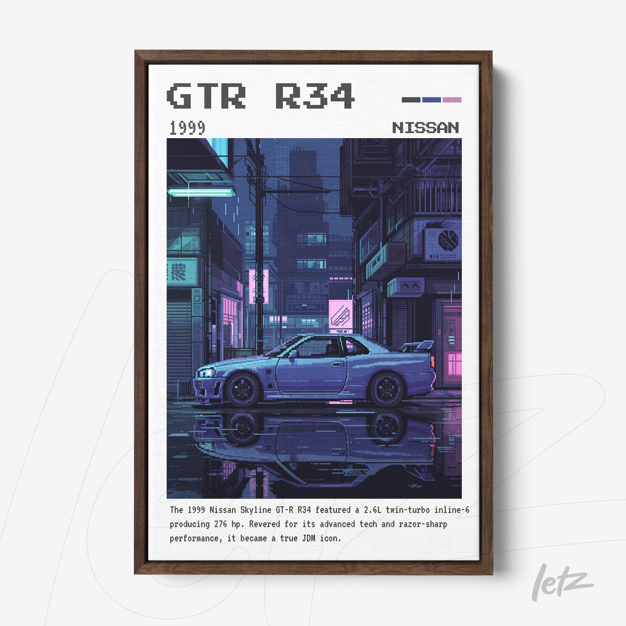framed digital art of the nissan gtr r34 in pixel art style with dark frame