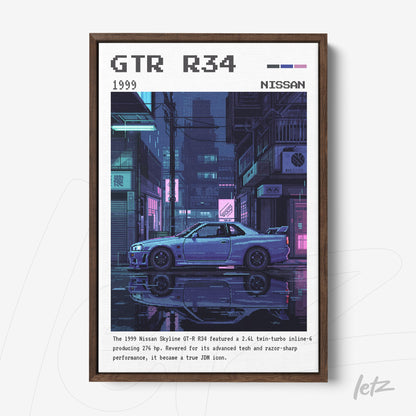 framed digital art of the nissan gtr r34 in pixel art style with dark frame