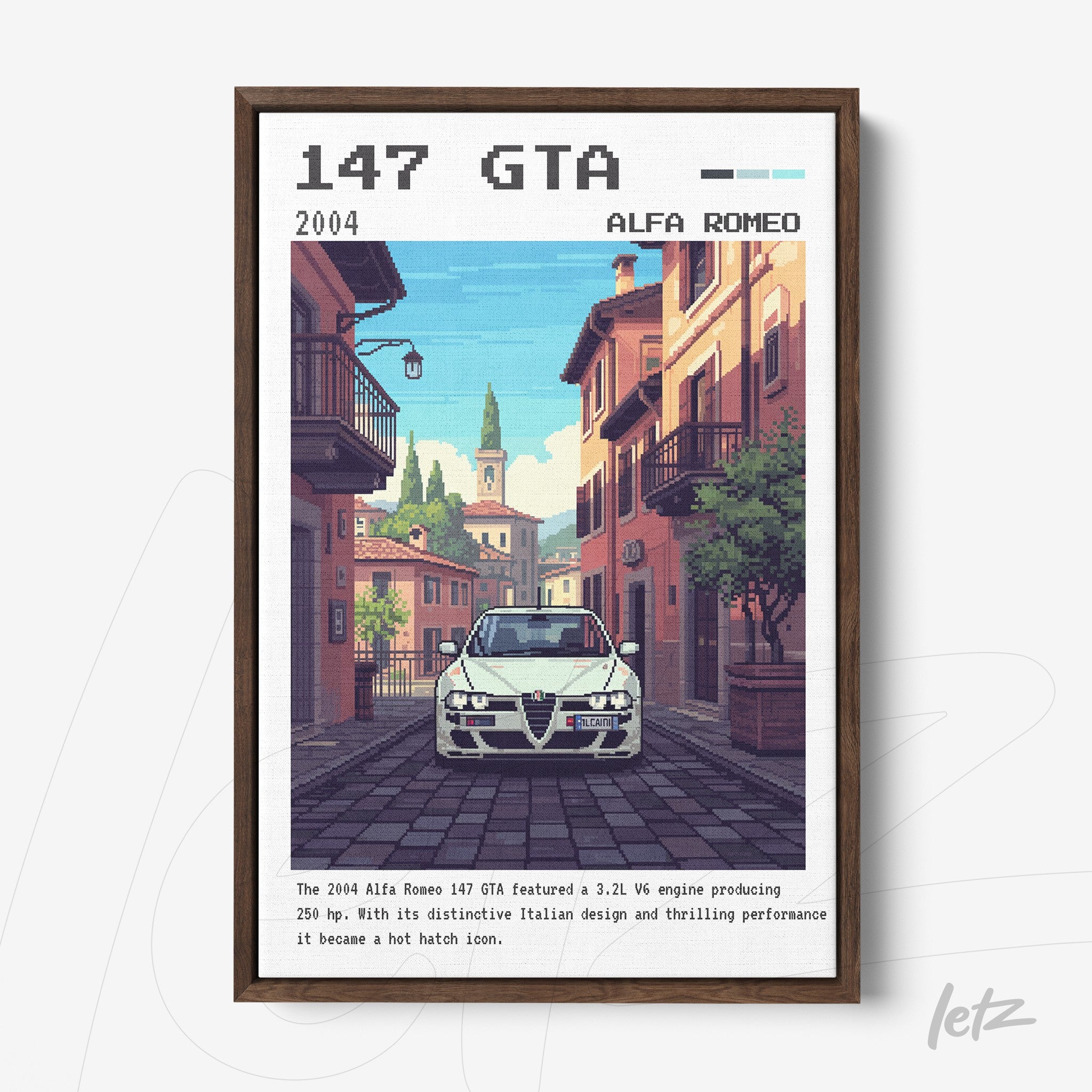 framed digital art of an alfa romeo 147 gta in pixel art style, showcasing an italian urban scene with dark brown frame