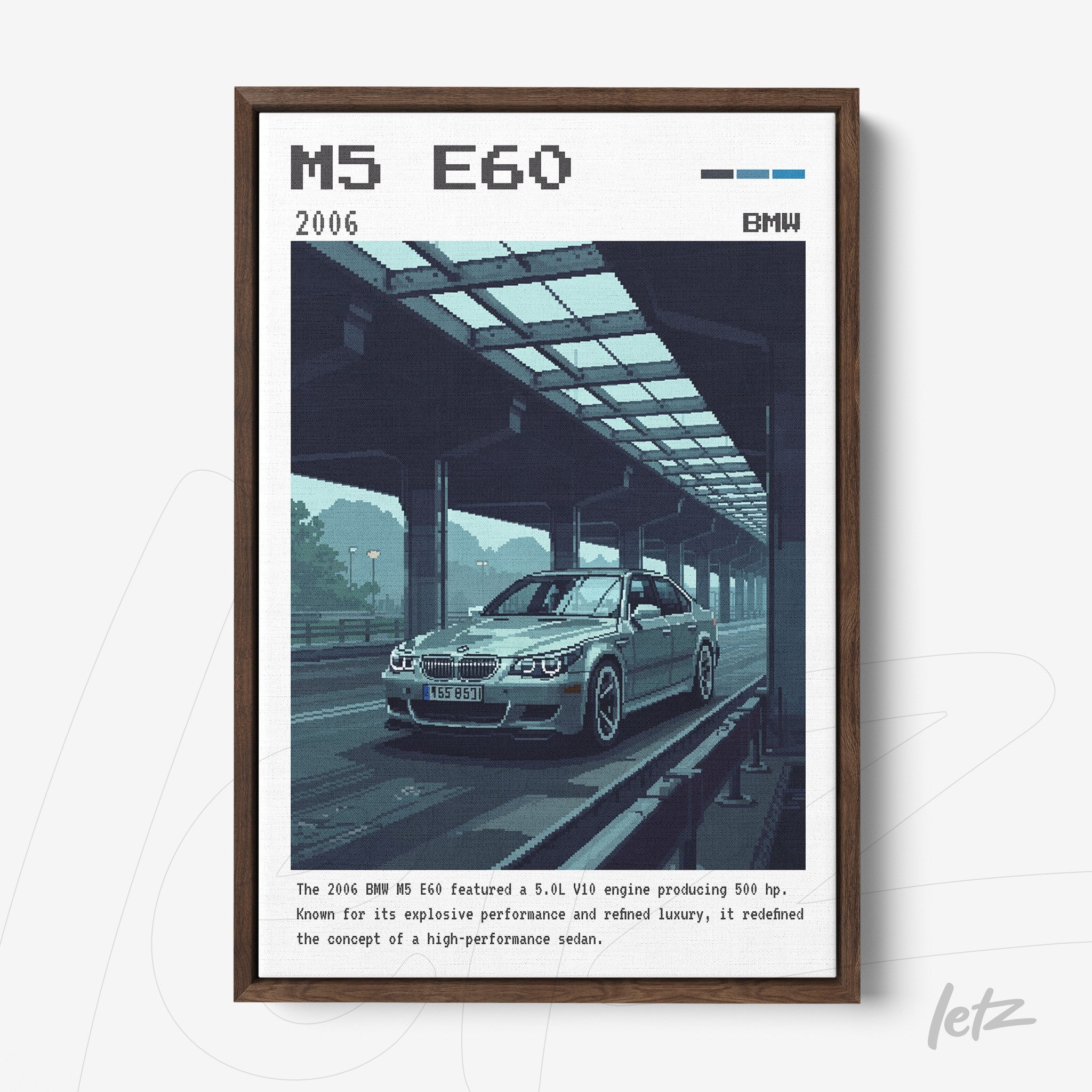 framed wall art featuring pixel art of a 2006 BMW M5 E60 under an overpass, showcasing dark blue tones and detailed illustration