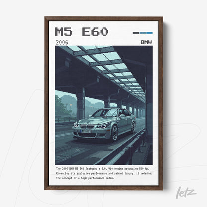 framed wall art featuring pixel art of a 2006 BMW M5 E60 under an overpass, showcasing dark blue tones and detailed illustration