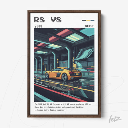 pixel art of a yellow audi r8 v8 in a futuristic setting, featuring a dark frame