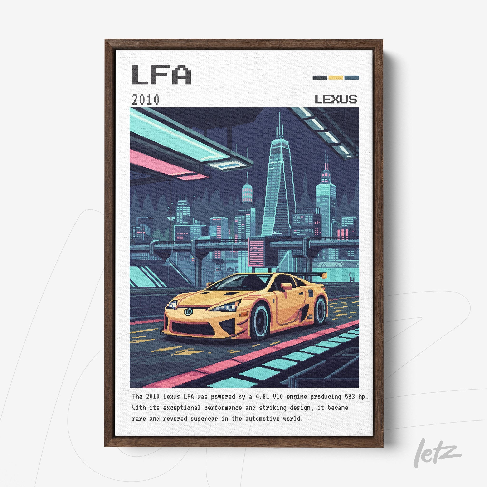 framed art of the 2010 LFA sports car in pixel art style with dark brown frame