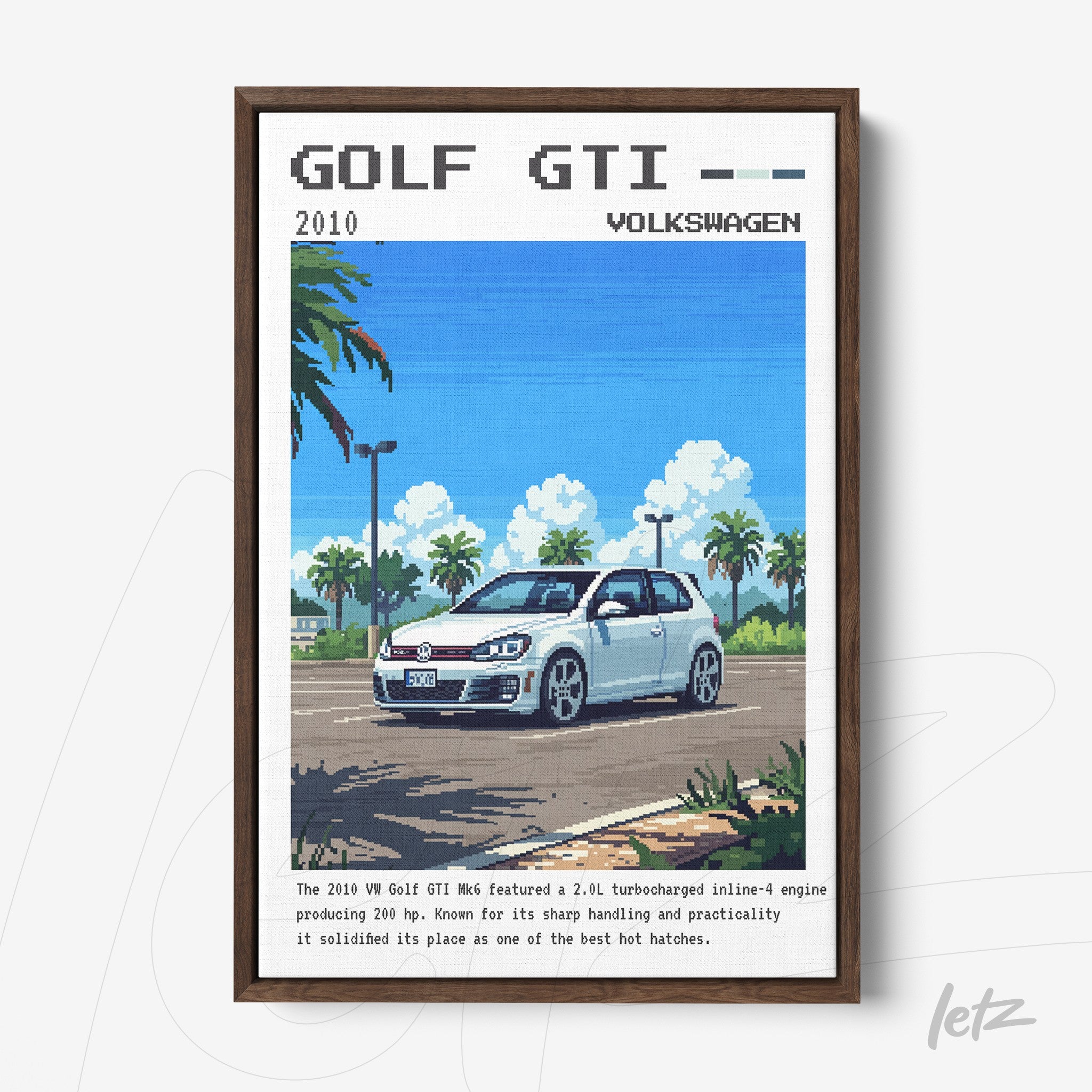 pixel art framed illustration of a 2010 Volkswagen Golf GTI with a clear background and dark frame