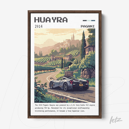 framed digital art of Pagani Huayra car set in a rural landscape with green hills and a village in the background