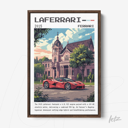 pixel art framed print of Laferrari car in front of a historical building with dark brown frame