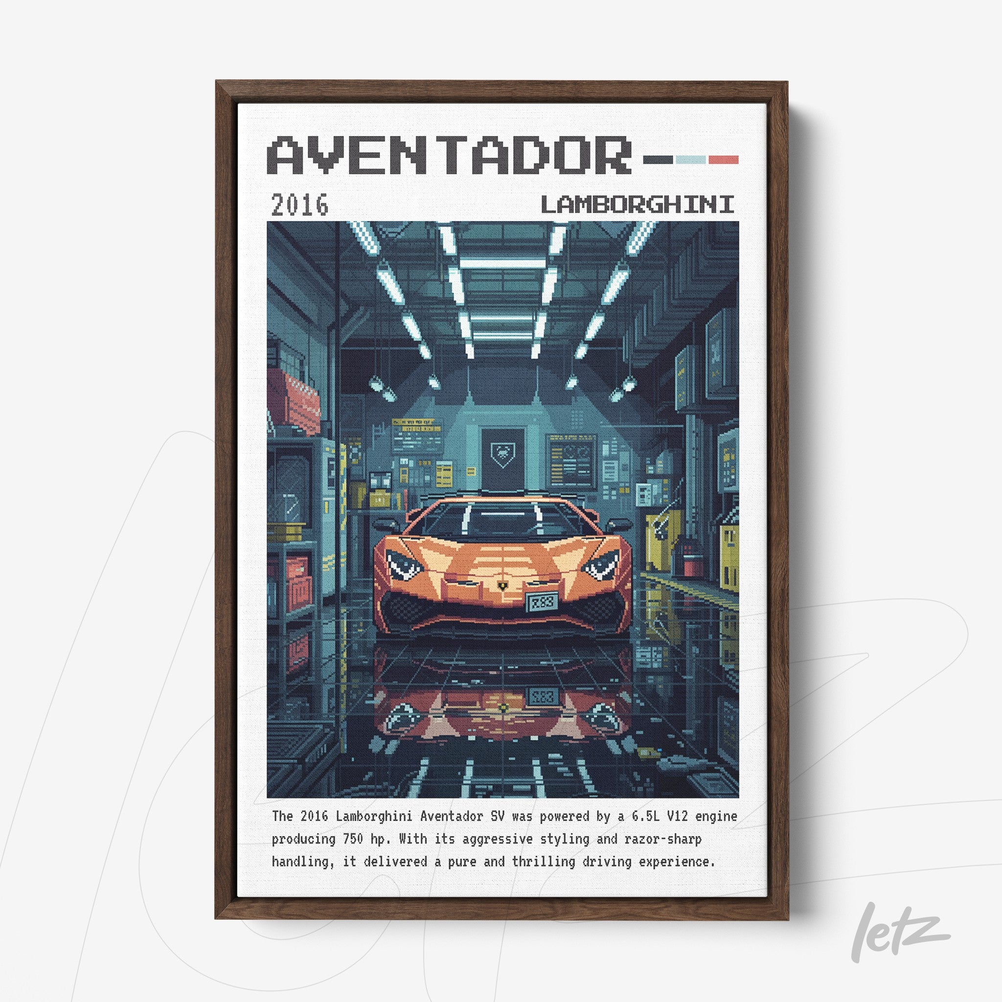 framed artwork of a pixel art Lamborghini Aventador sports car with a dark brown frame