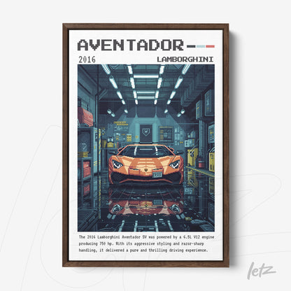 framed artwork of a pixel art Lamborghini Aventador sports car with a dark brown frame