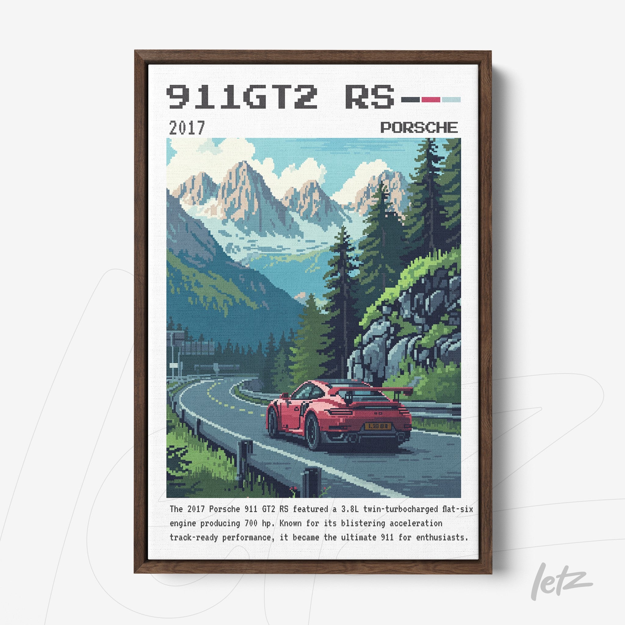 framed digital art of a porsche 911 gt2 rs on a mountain road with dark brown frame
