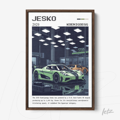 framed artwork of a green sports car in pixel art style set in a modern garage