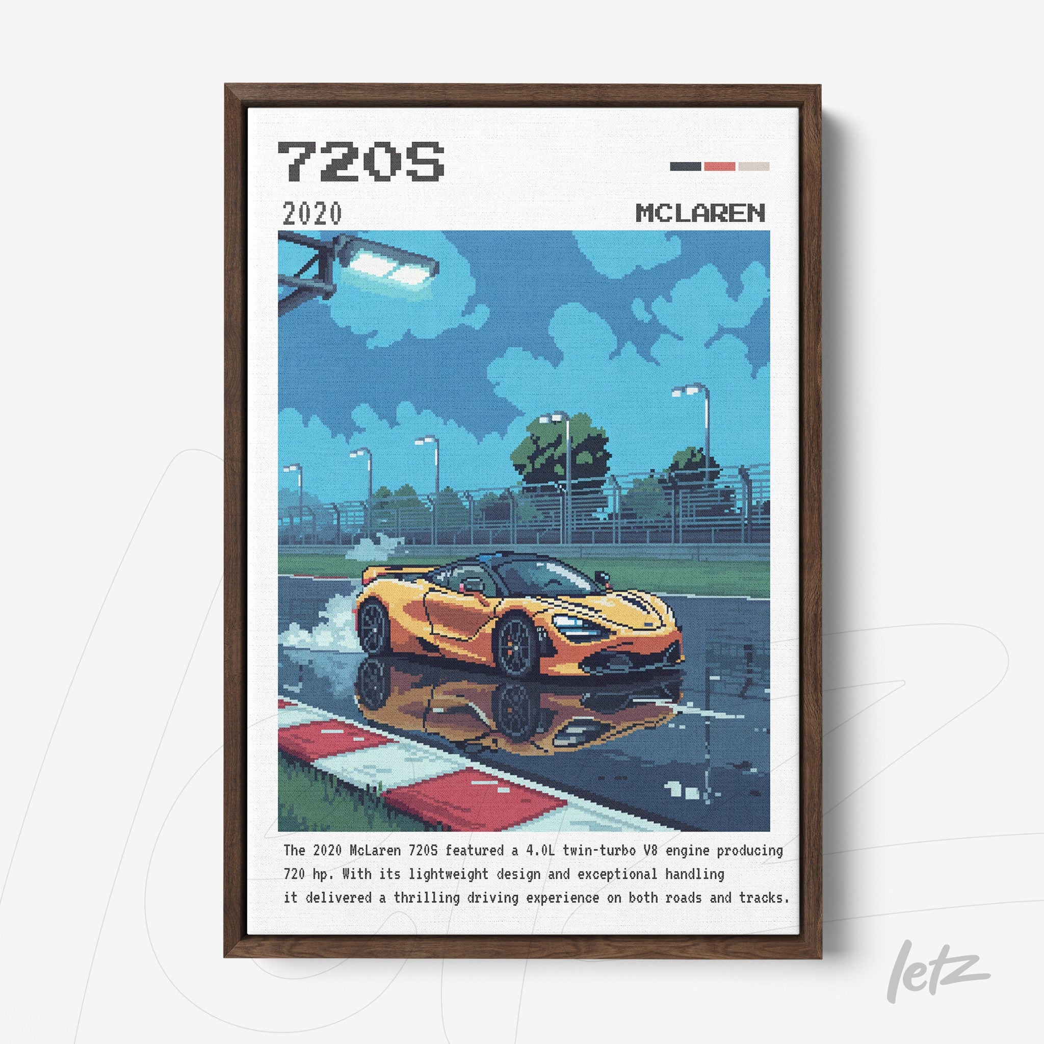 framed pixel art of a yellow McLaren 720S on a wet track with dark wooden frame