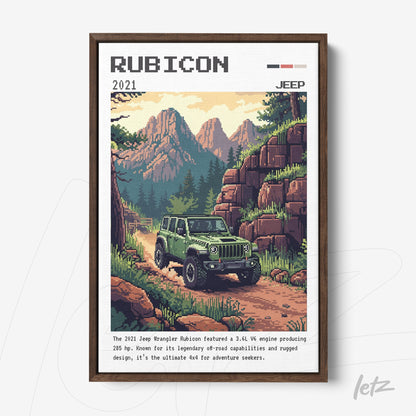 framed artwork featuring a jeep wrangler rubicon in a mountainous landscape with a green vehicle driving on a dirt path