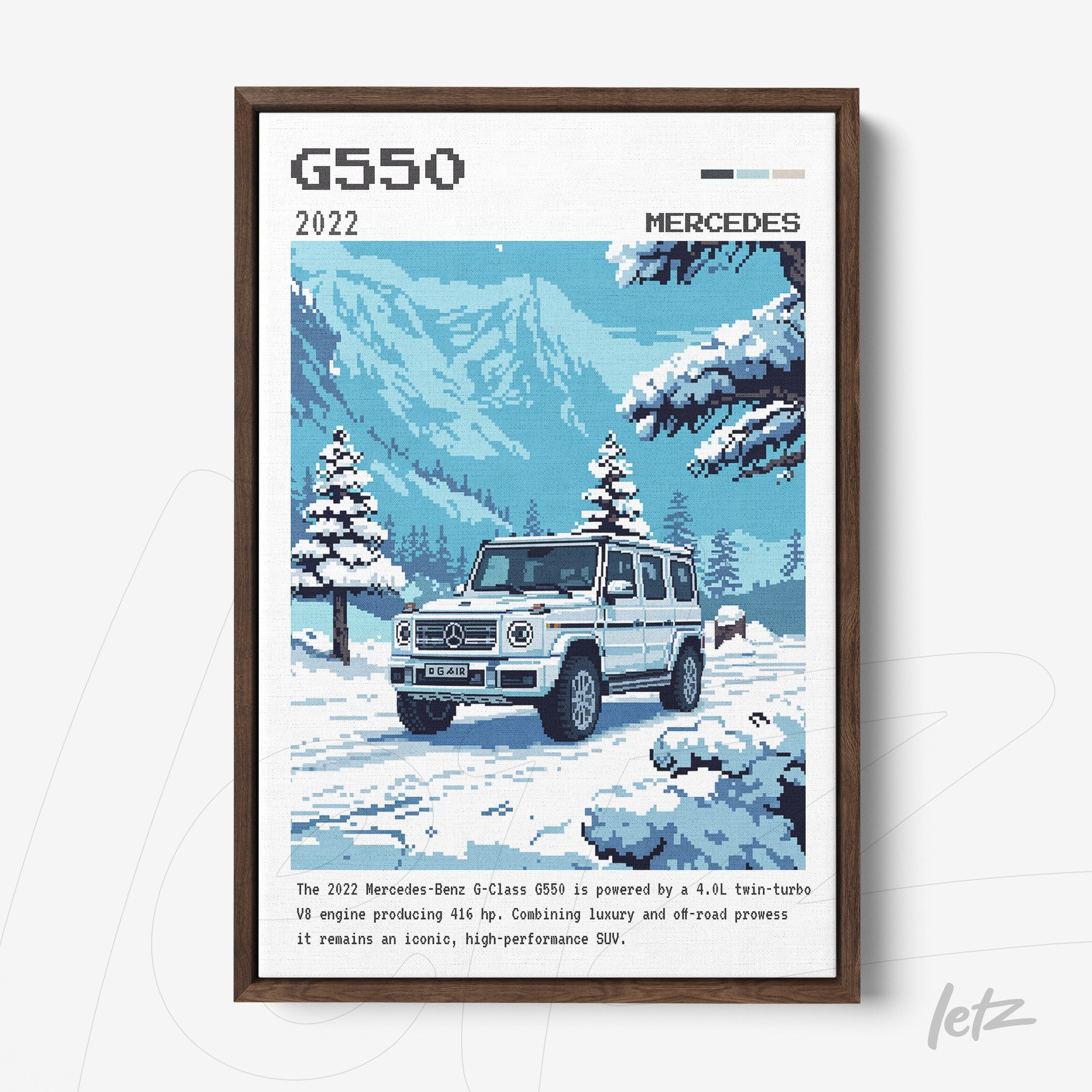 framed digital artwork of the Mercedes G-Class G550 in a winter landscape with dark brown frame