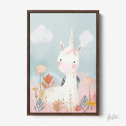 framed artwork featuring a cute unicorn illustration on a light blue background surrounded by flowers with a dark wood frame