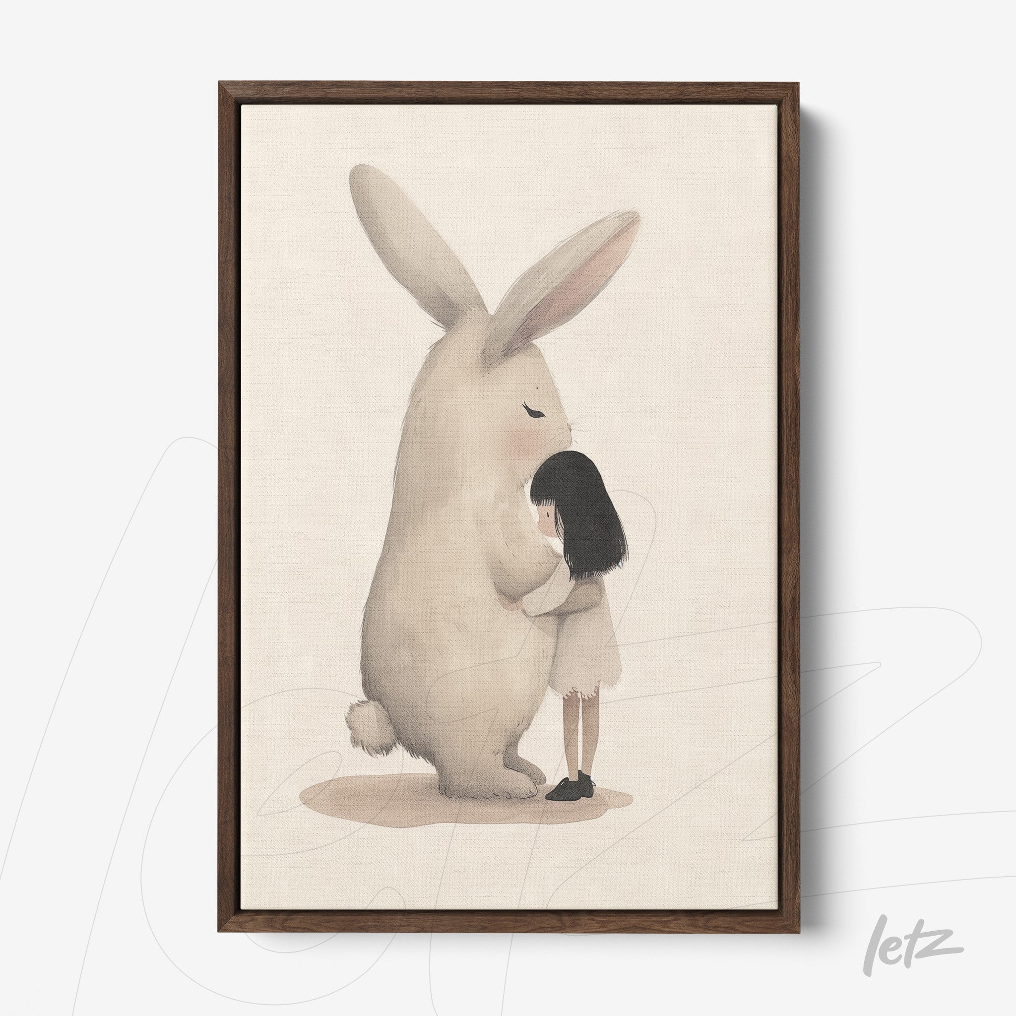 framed artwork featuring a tender illustration of a girl hugging a large rabbit with a dark wooden frame
