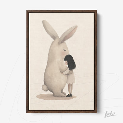 framed artwork featuring a tender illustration of a girl hugging a large rabbit with a dark wooden frame