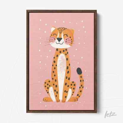 framed wall art of a smiling leopard on pink background with dark wood frame