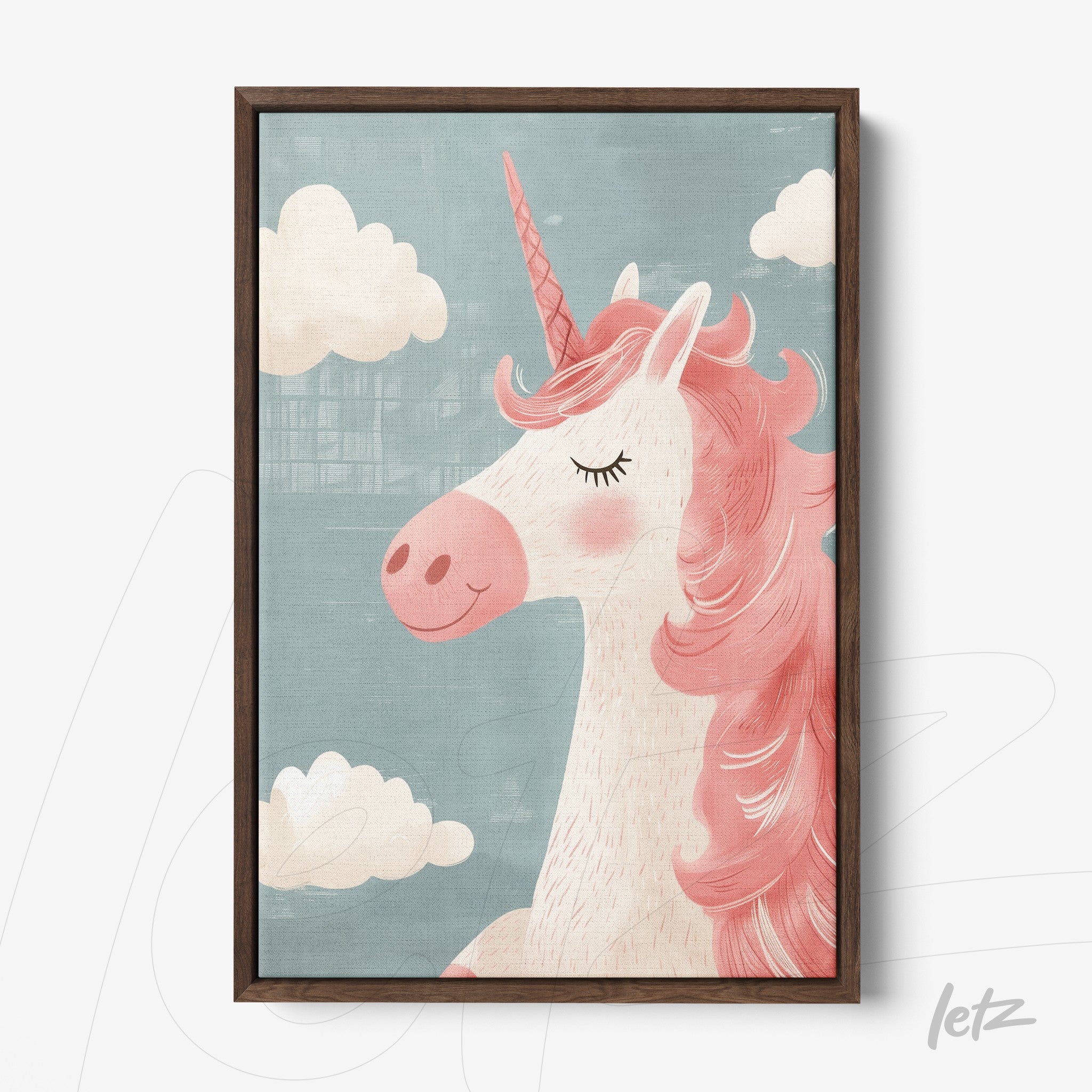 framed illustration of a stylized unicorn against a light blue background with white clouds and dark brown frame