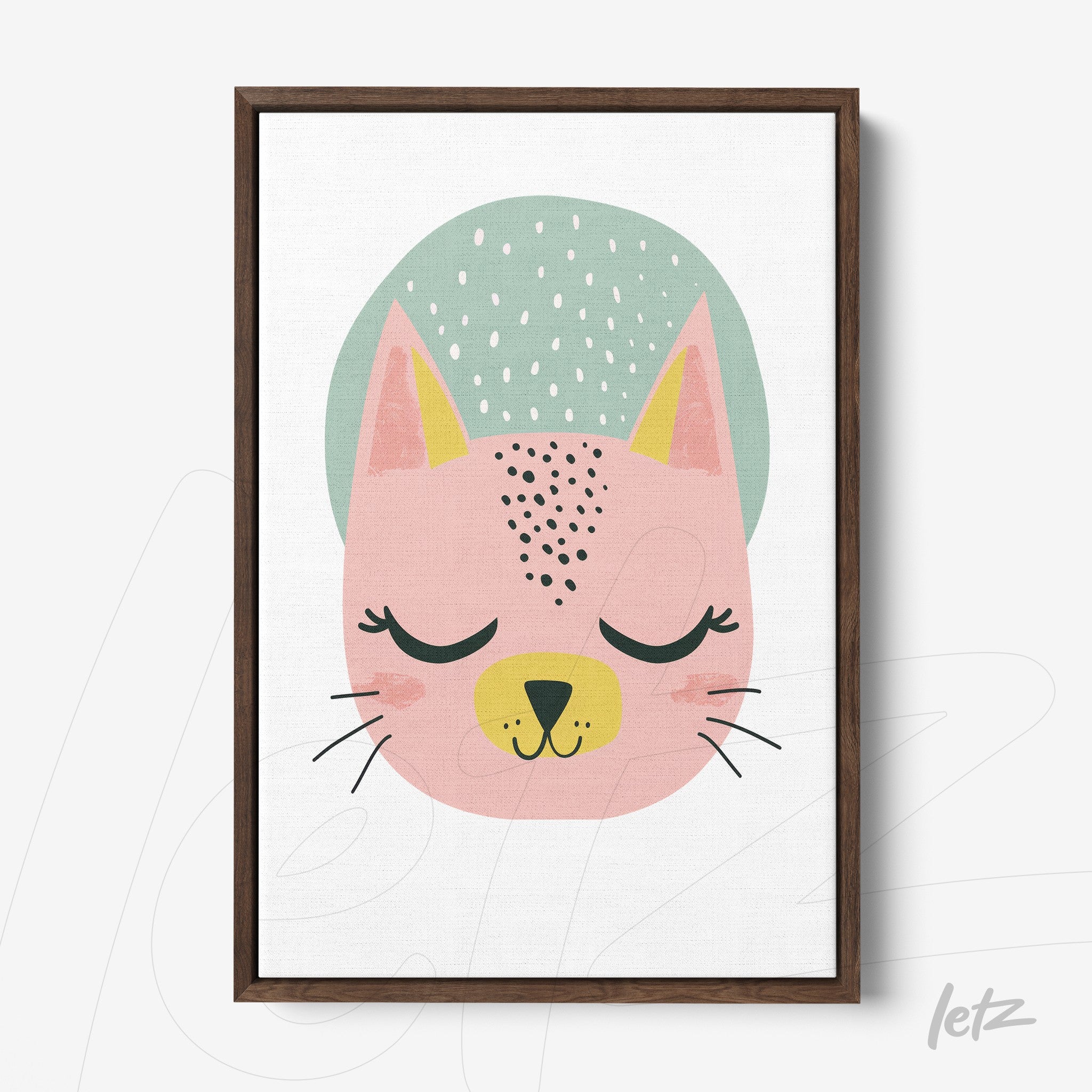 framed artwork featuring a playful illustration of a cat with colorful features in dark wood frame