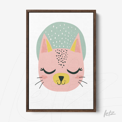 framed artwork featuring a playful illustration of a cat with colorful features in dark wood frame