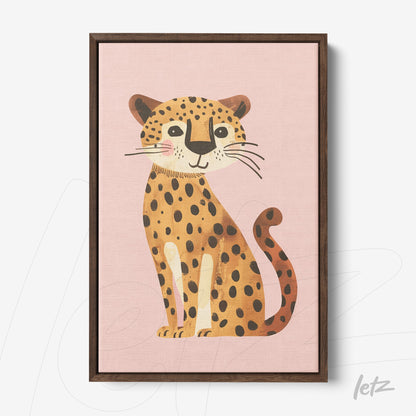 framed artwork featuring a cheetah illustration on light pink background with dark wood frame