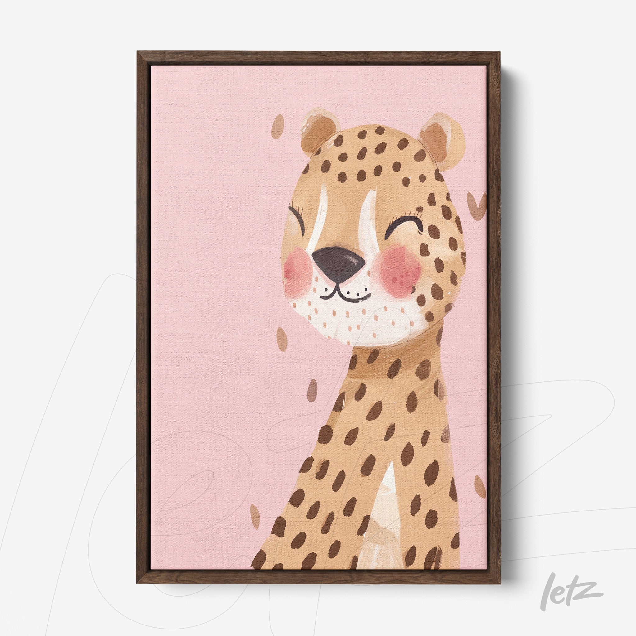 framed artwork of a smiling leopard on pink background with dark wooden frame