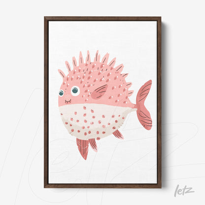 framed artwork featuring a playful pink fish with a smile against a white background