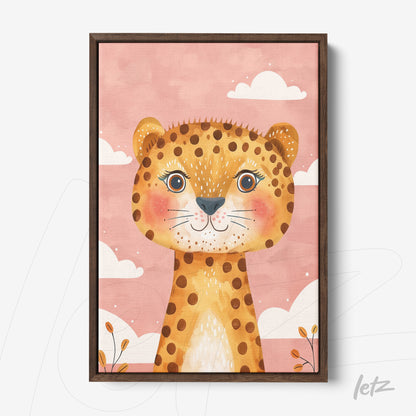 framed artwork featuring a cute leopard illustration on a pink background with dark wood frame