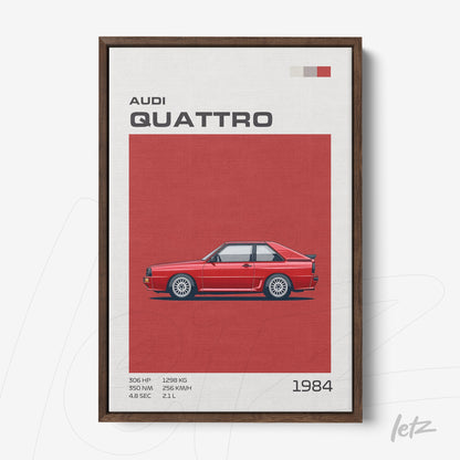 framed print featuring an illustration of Audi Quattro with red background and dark wood frame