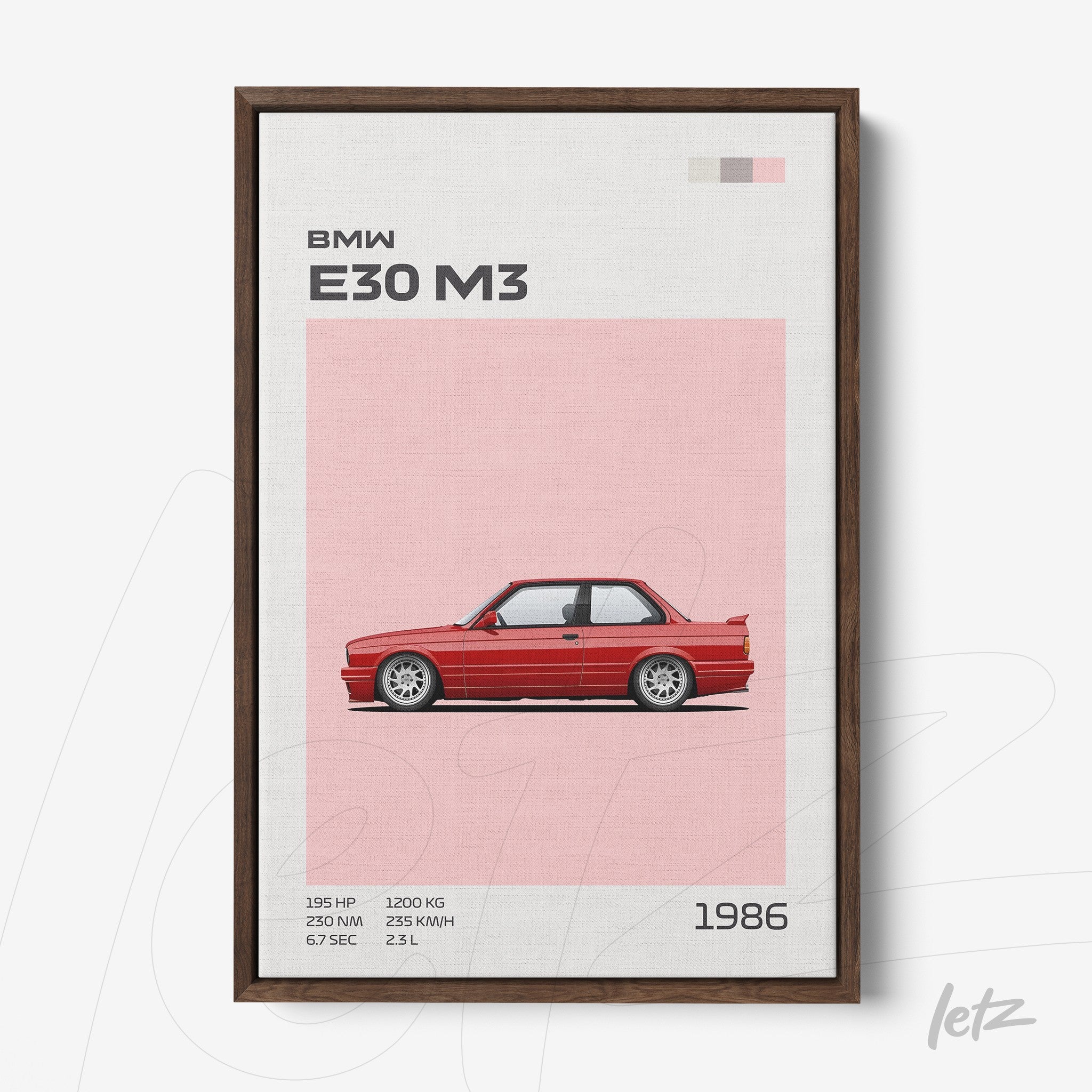 framed artwork featuring a minimalist illustration of the BMW E30 M3 in dark wooden frame