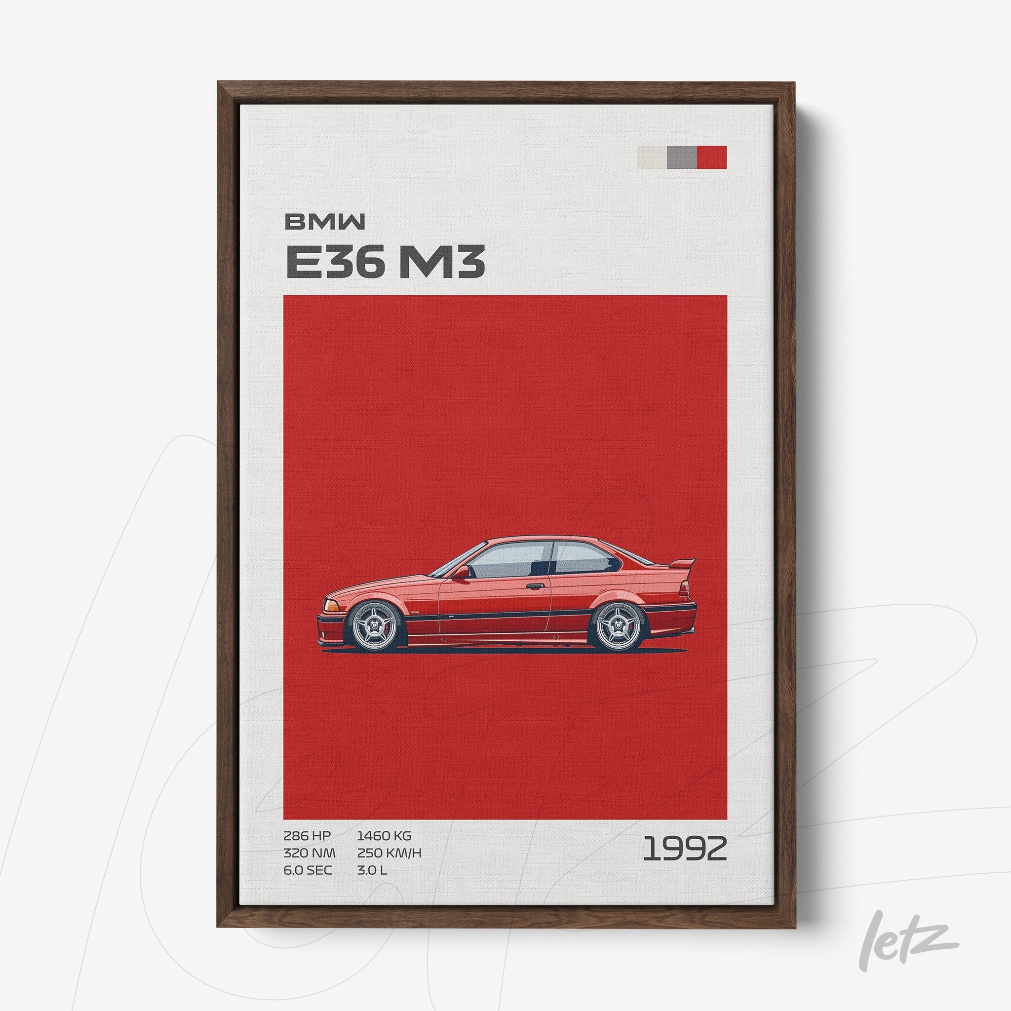 framed art of a bmw e36 m3 illustration with a red background and dark wood frame