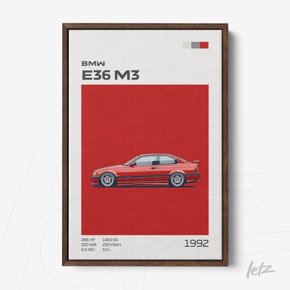 framed art of a bmw e36 m3 illustration with a red background and dark wood frame
